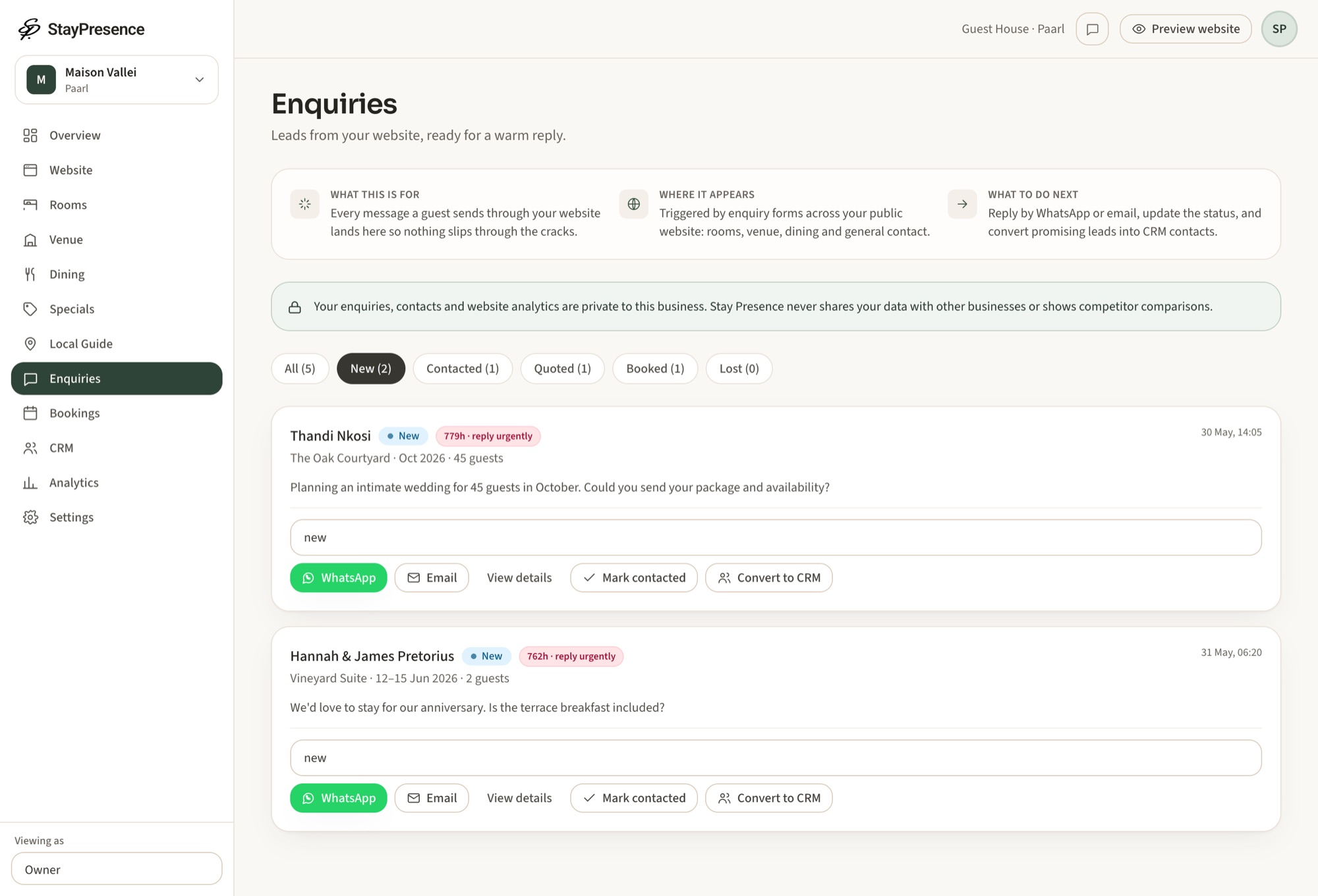 Servyr enquiry inbox with new guest enquiries, urgency flags and one-tap WhatsApp replies